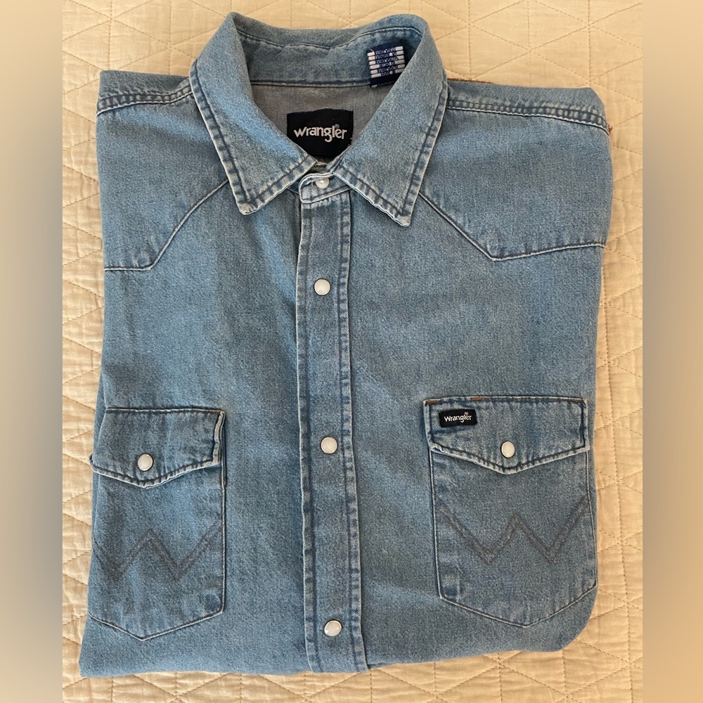 Wrangler Vintage Organic Patina Denim Pearl Snap Western Cut Chores Shirt 2XT